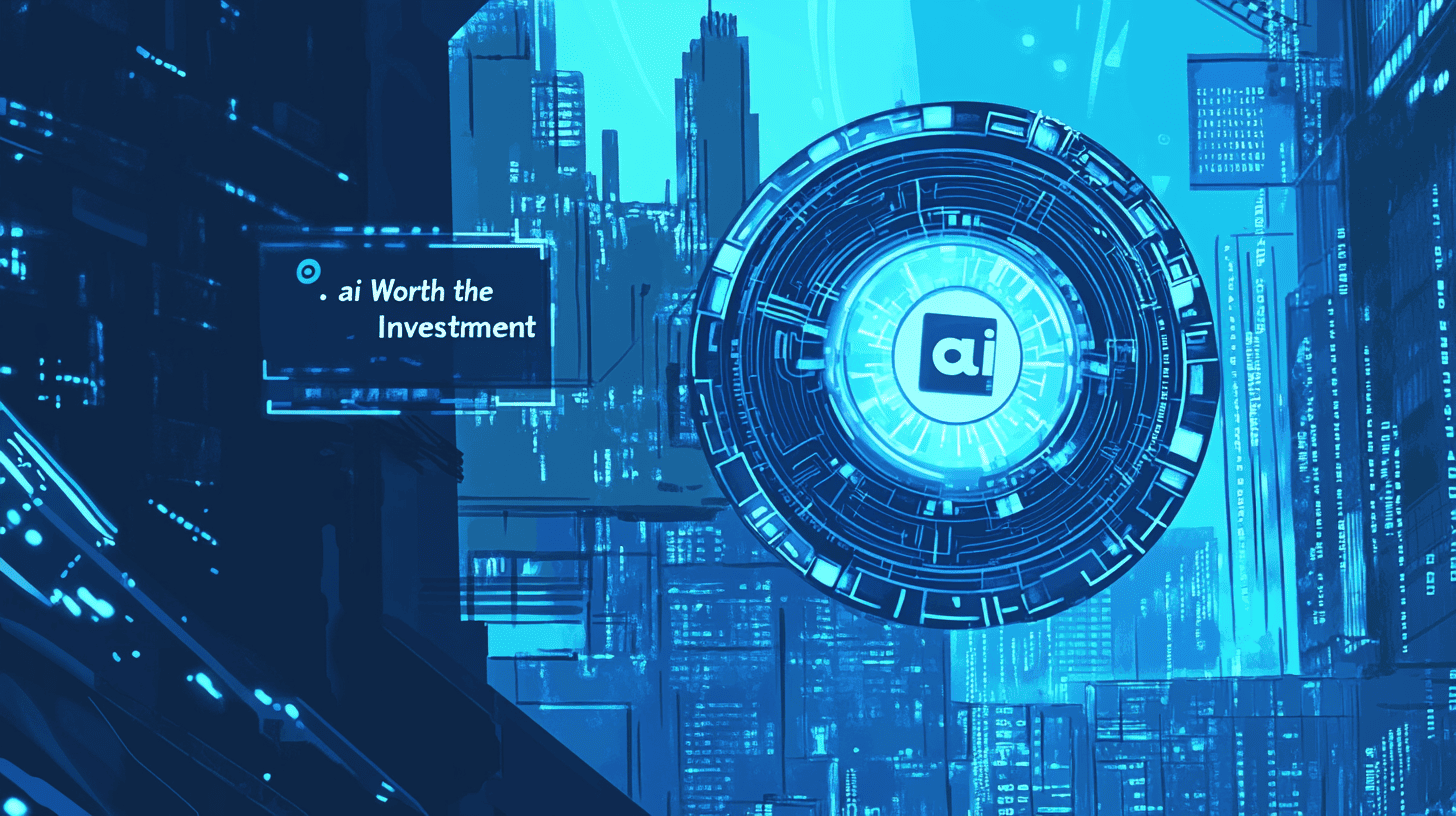 A vector illustration of a digital coin with the '.ai' symbol, surrounded by binary code, a futuristic cityscape, and a sign saying 'Worth the Investment'.