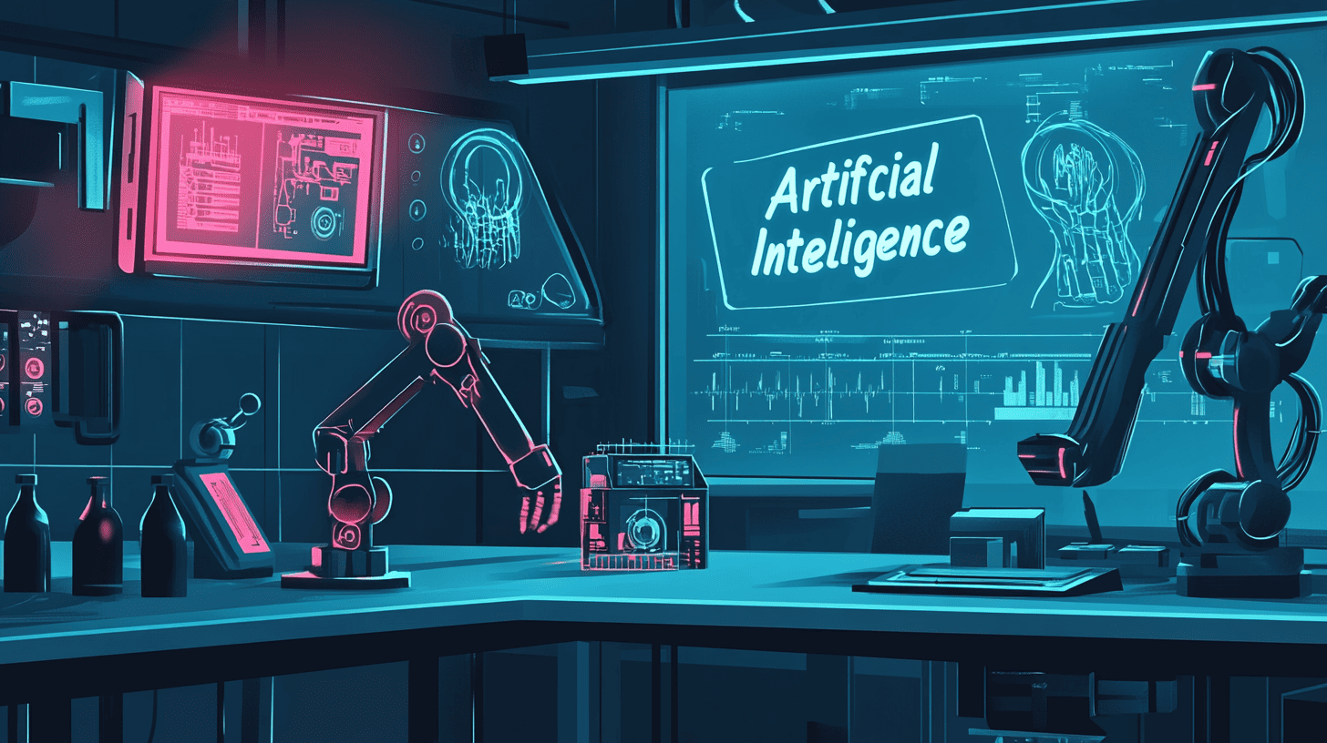 A vector illustration of a futuristic AI laboratory with holographic displays, robotic arms, and a sign saying 'Artificial Intelligence'.